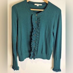 Boden Bernadette Ruffle Front Cardigan Sweater teal green Medium wool blend